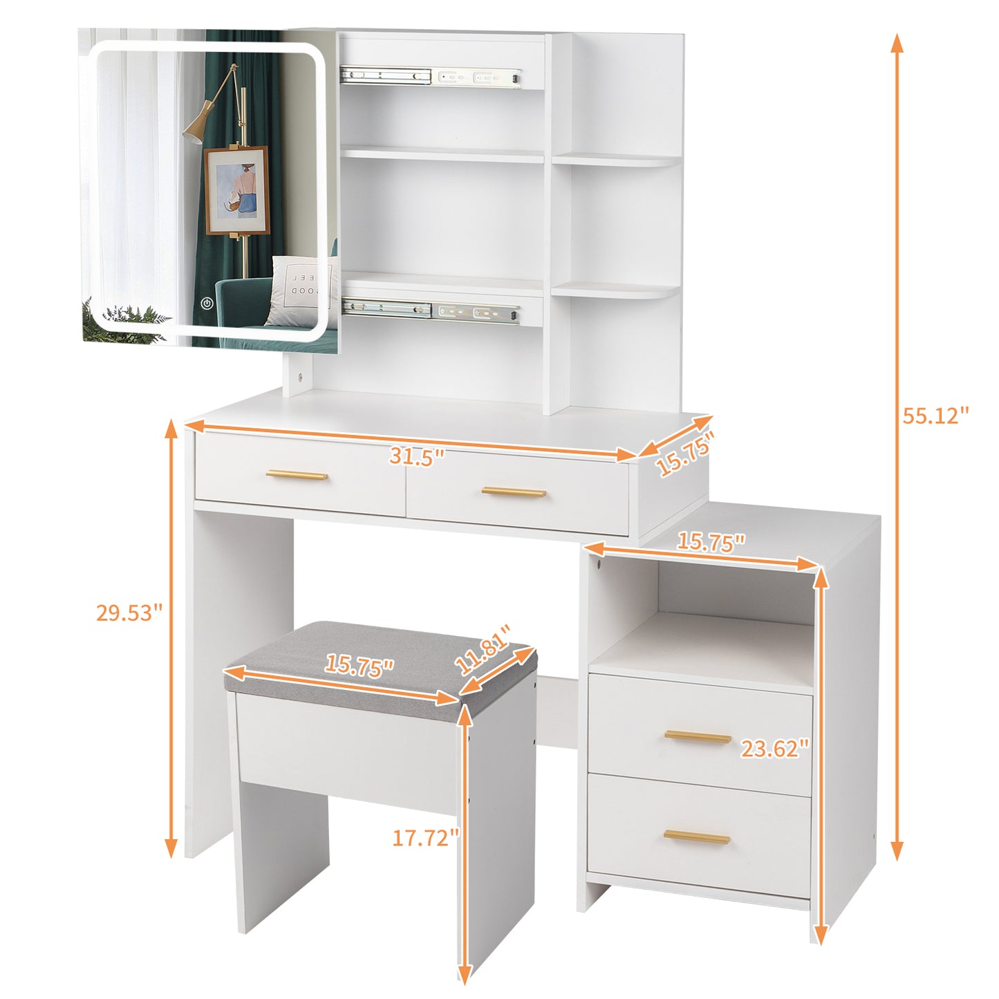 FCH Particleboard Triamine Veneer 4 Drawers 1 Storage Cabinet 2 Shelves Mirror Cabinet Dressing Table Set Led Three-Tone Light White