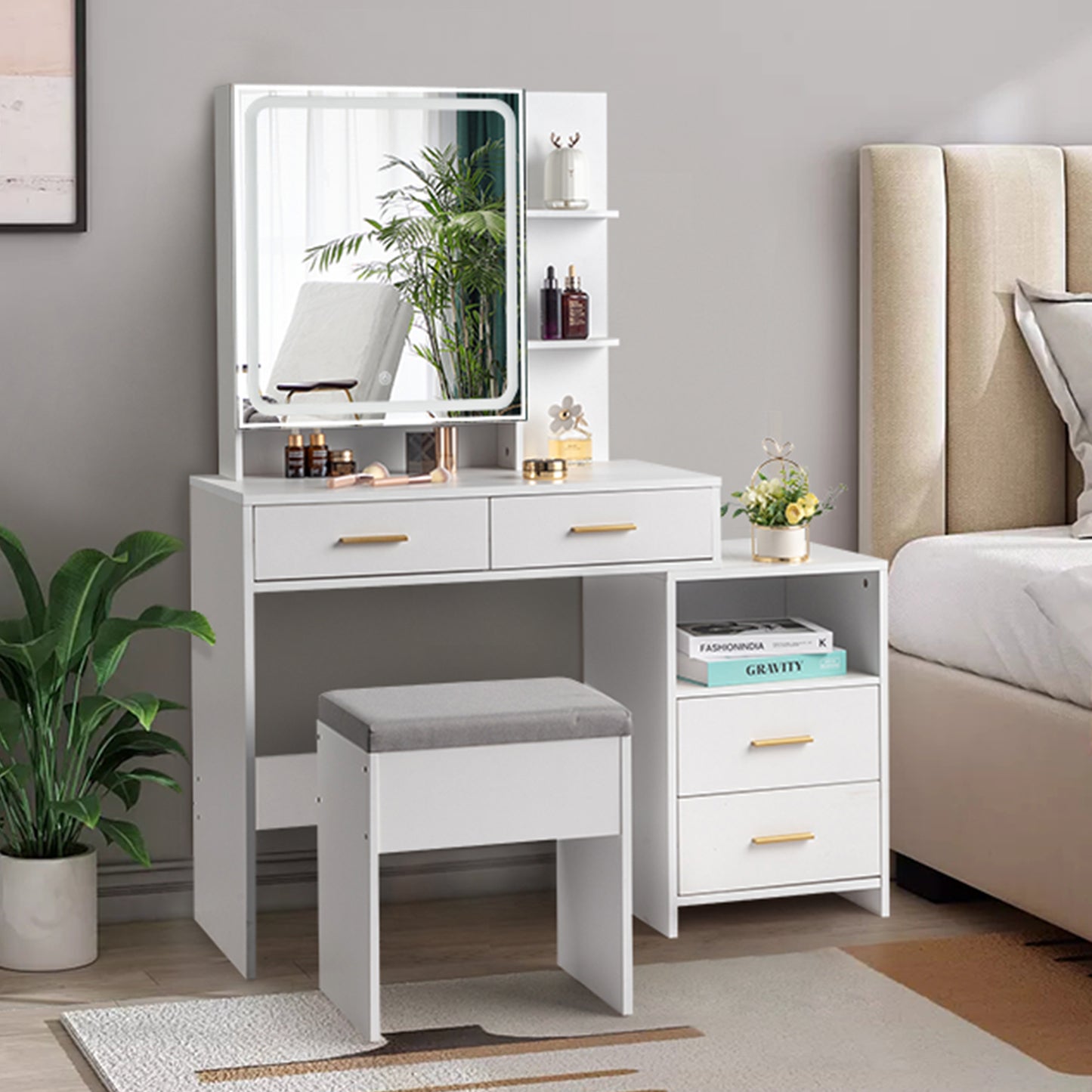 FCH Particleboard Triamine Veneer 4 Drawers 1 Storage Cabinet 2 Shelves Mirror Cabinet Dressing Table Set Led Three-Tone Light White