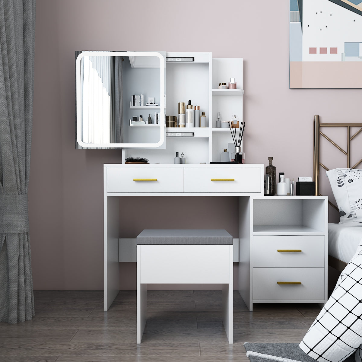 FCH Particleboard Triamine Veneer 4 Drawers 1 Storage Cabinet 2 Shelves Mirror Cabinet Dressing Table Set Led Three-Tone Light White