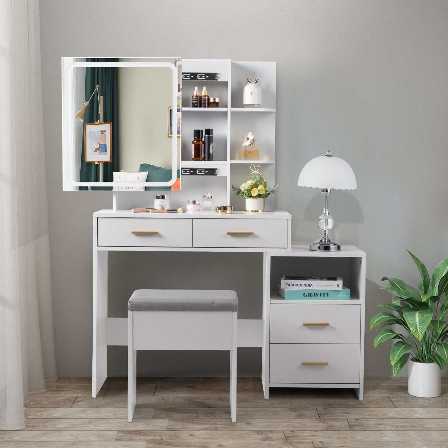 FCH Particleboard Triamine Veneer 4 Drawers 1 Storage Cabinet 2 Shelves Mirror Cabinet Dressing Table Set Led Three-Tone Light White