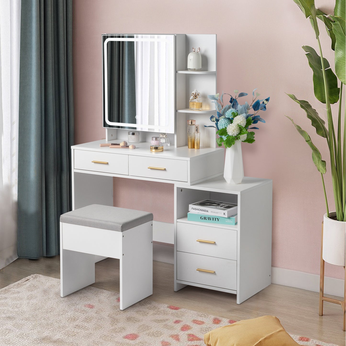 FCH Particleboard Triamine Veneer 4 Drawers 1 Storage Cabinet 2 Shelves Mirror Cabinet Dressing Table Set Led Three-Tone Light White