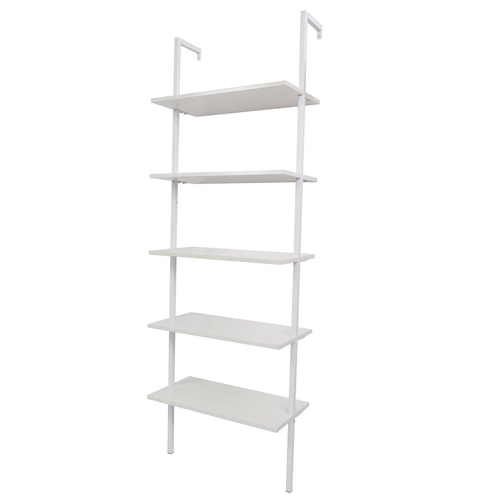 5-Shelf Wood Ladder Bookcase with Metal Frame, Industrial 5-Tier Modern Ladder Shelf Wood Shelves