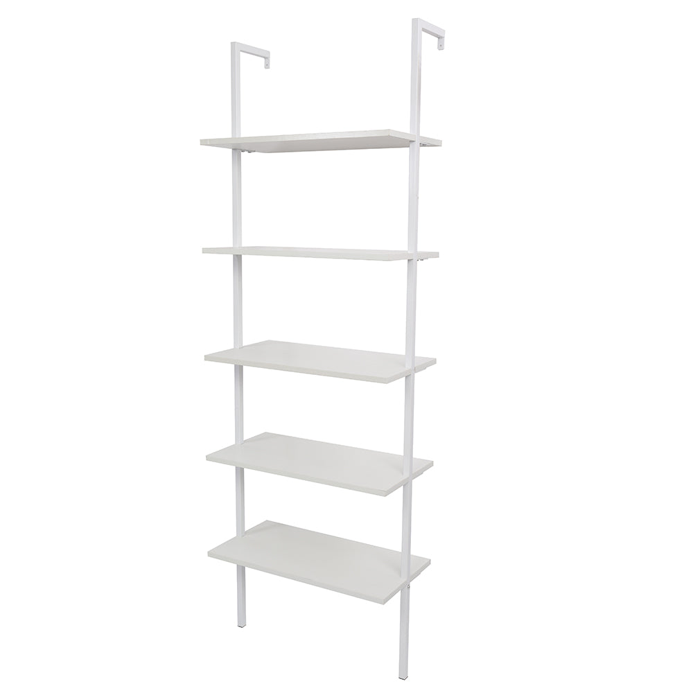 5-Shelf Wood Ladder Bookcase with Metal Frame, Industrial 5-Tier Modern Ladder Shelf Wood Shelves