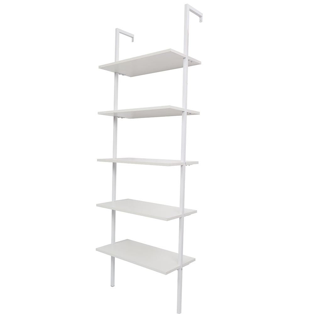 5-Shelf Wood Ladder Bookcase with Metal Frame, Industrial 5-Tier Modern Ladder Shelf Wood Shelves