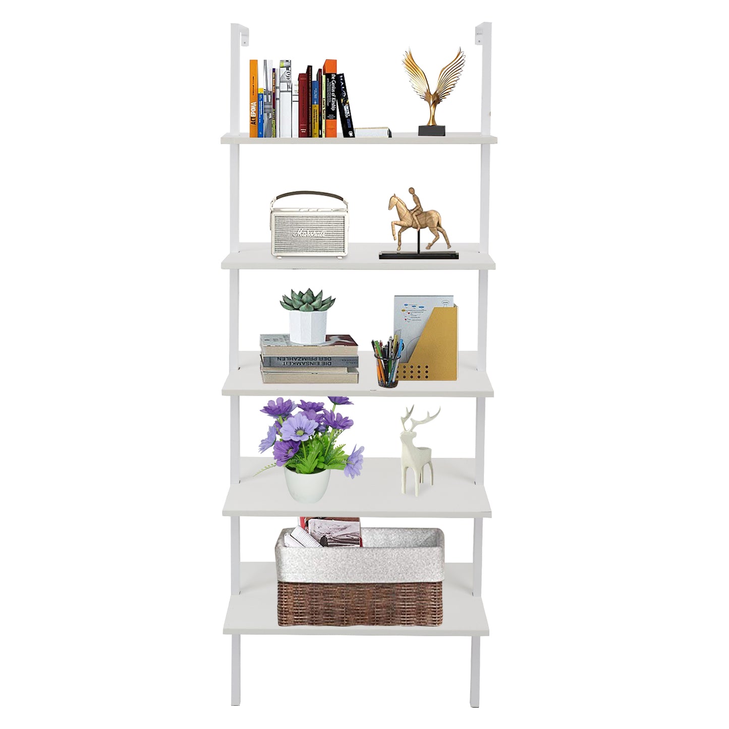 5-Shelf Wood Ladder Bookcase with Metal Frame, Industrial 5-Tier Modern Ladder Shelf Wood Shelves