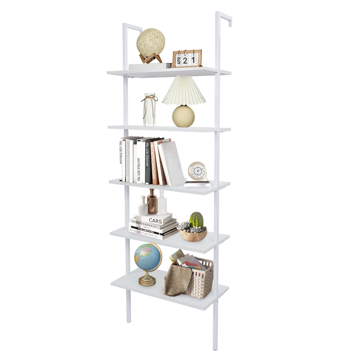 5-Shelf Wood Ladder Bookcase with Metal Frame, Industrial 5-Tier Modern Ladder Shelf Wood Shelves