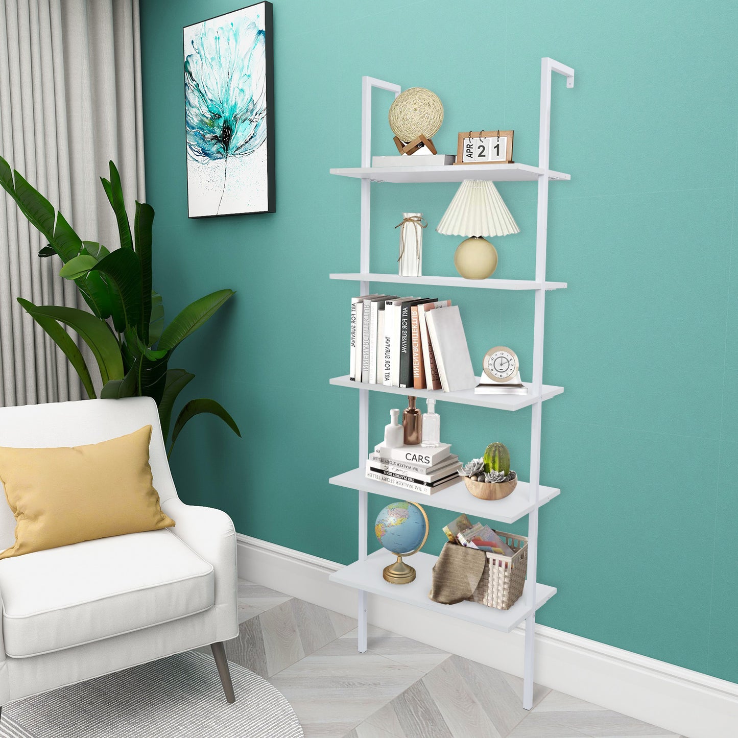 5-Shelf Wood Ladder Bookcase with Metal Frame, Industrial 5-Tier Modern Ladder Shelf Wood Shelves