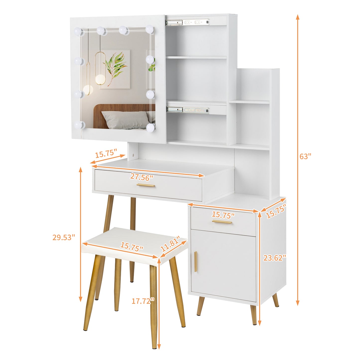 Particleboard Triamine Veneer 2 Drawers 1 Door 2 Shelves Mirror Cabinet 3 Light Bulbs Dressing Table Set White