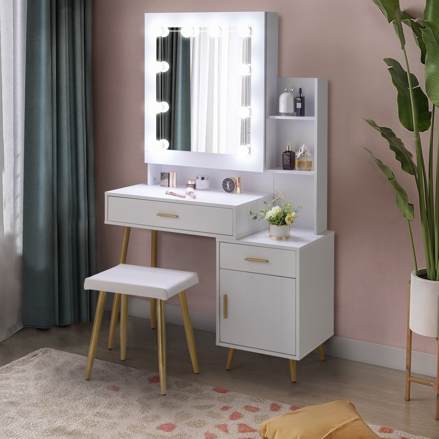 Particleboard Triamine Veneer 2 Drawers 1 Door 2 Shelves Mirror Cabinet 3 Light Bulbs Dressing Table Set White