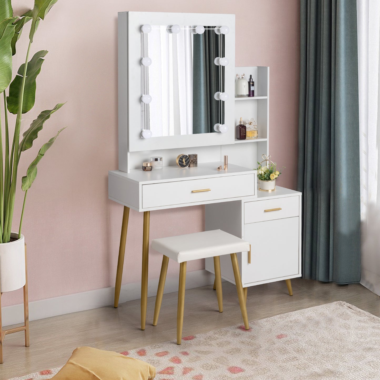 Particleboard Triamine Veneer 2 Drawers 1 Door 2 Shelves Mirror Cabinet 3 Light Bulbs Dressing Table Set White