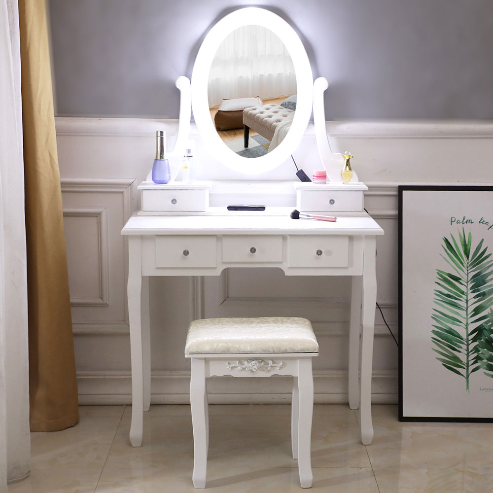 FCH With Light Bulb Single Mirror 5 Drawer Dressing Table White