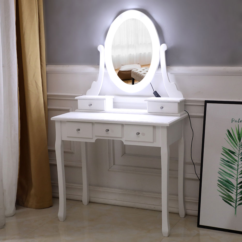 FCH With Light Bulb Single Mirror 5 Drawer Dressing Table White