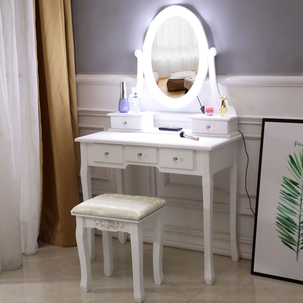 FCH With Light Bulb Single Mirror 5 Drawer Dressing Table White