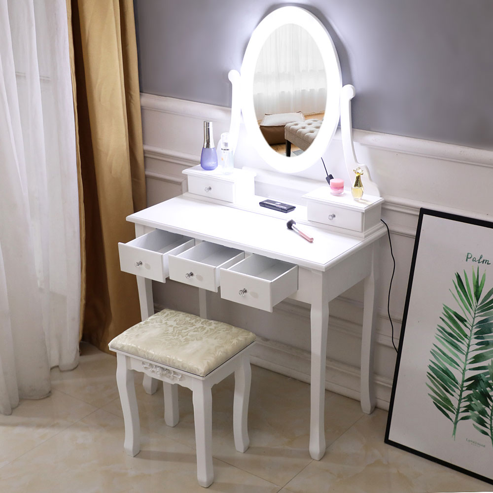 FCH With Light Bulb Single Mirror 5 Drawer Dressing Table White