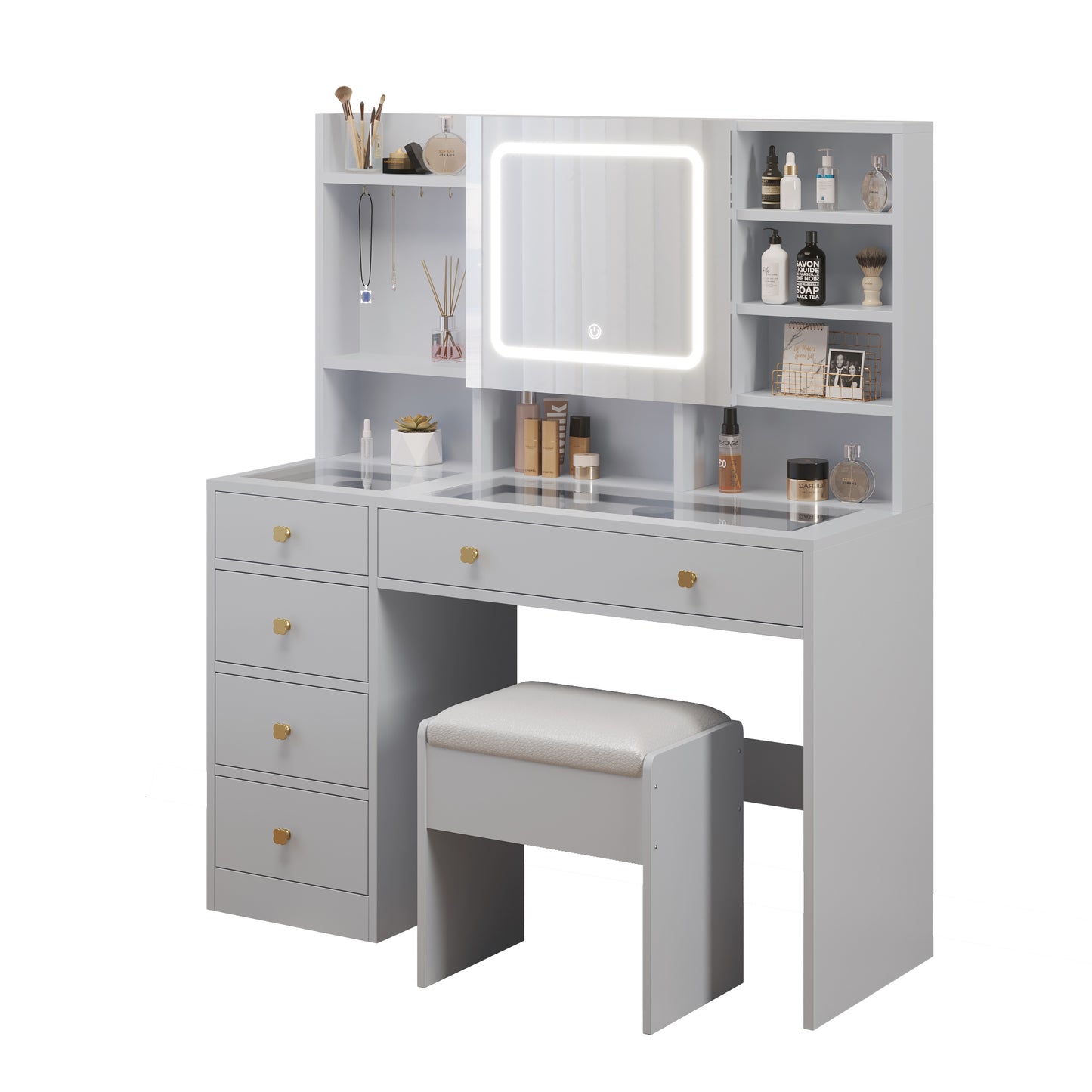 Pitted Particleboard With Triamine Coating, Tempered Glass Table Top, 5 Drawers, With Shelves, With Hooks, With Mirror Cabinet, With Strips, With Led Three-Tone Dimming Mirror, Dressing Table Set