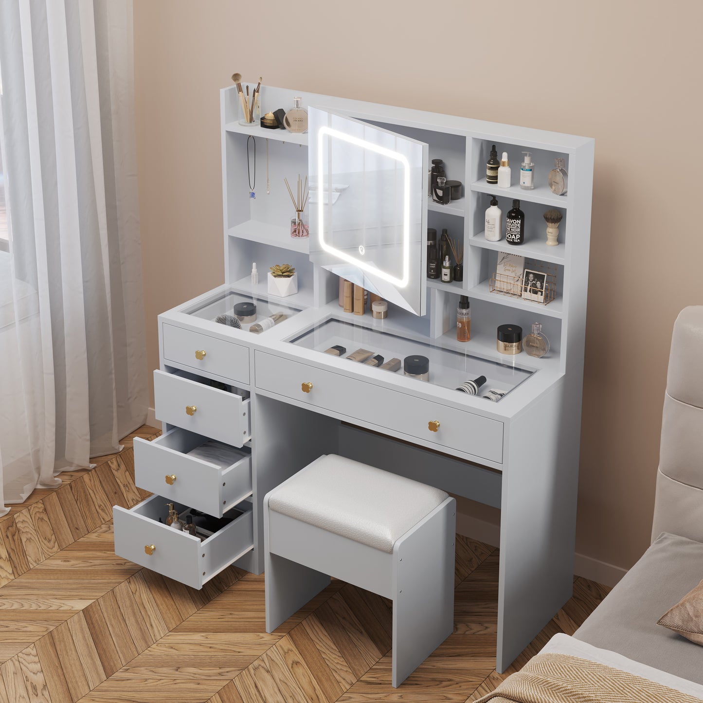 Pitted Particleboard With Triamine Coating, Tempered Glass Table Top, 5 Drawers, With Shelves, With Hooks, With Mirror Cabinet, With Strips, With Led Three-Tone Dimming Mirror, Dressing Table Set