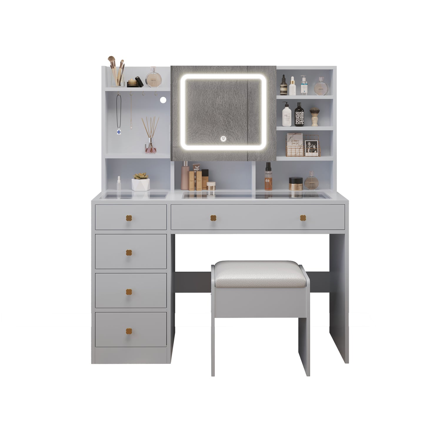 Pitted Particleboard With Triamine Coating, Tempered Glass Table Top, 5 Drawers, With Shelves, With Hooks, With Mirror Cabinet, With Strips, With Led Three-Tone Dimming Mirror, Dressing Table Set