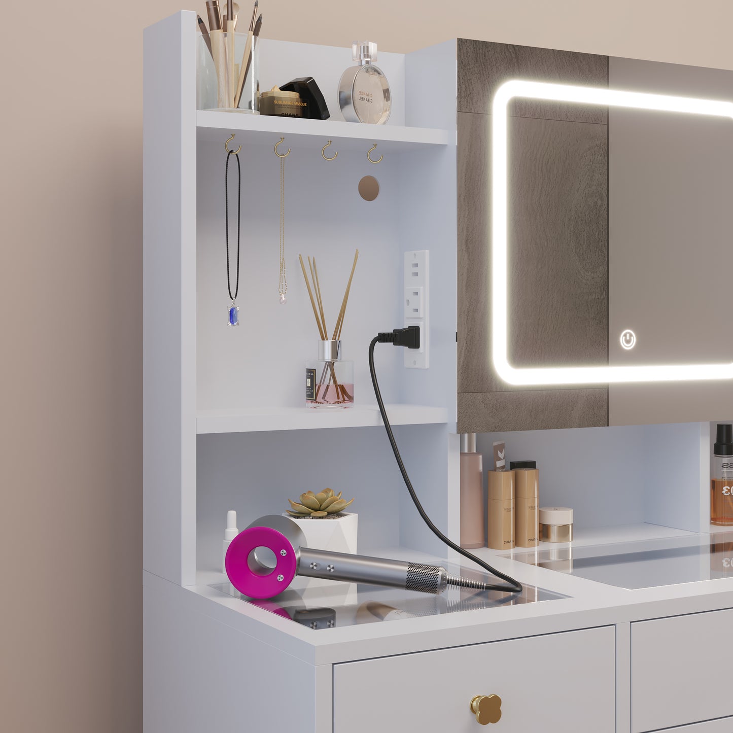 Pitted Particleboard With Triamine Coating, Tempered Glass Table Top, 5 Drawers, With Shelves, With Hooks, With Mirror Cabinet, With Strips, With Led Three-Tone Dimming Mirror, Dressing Table Set