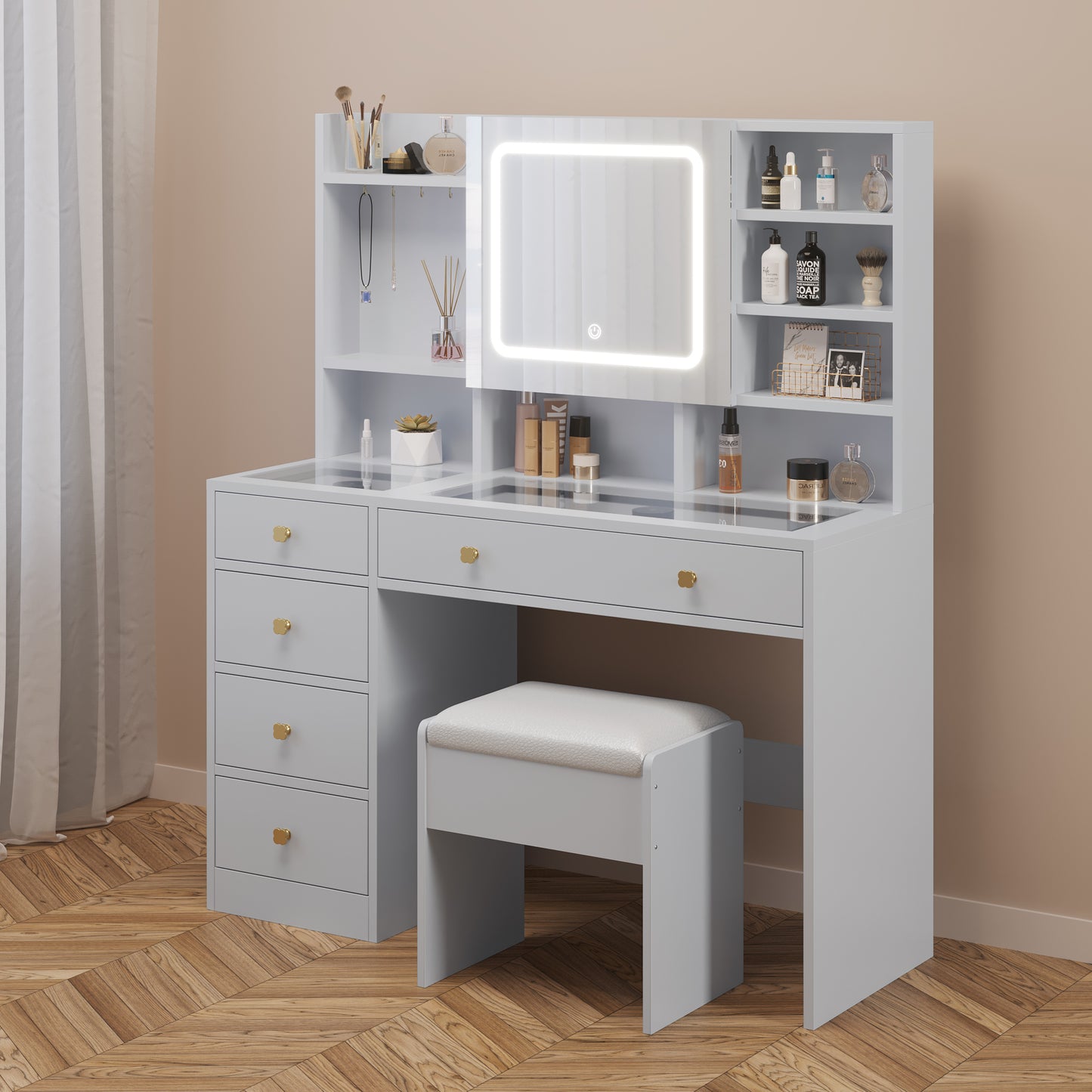 Pitted Particleboard With Triamine Coating, Tempered Glass Table Top, 5 Drawers, With Shelves, With Hooks, With Mirror Cabinet, With Strips, With Led Three-Tone Dimming Mirror, Dressing Table Set