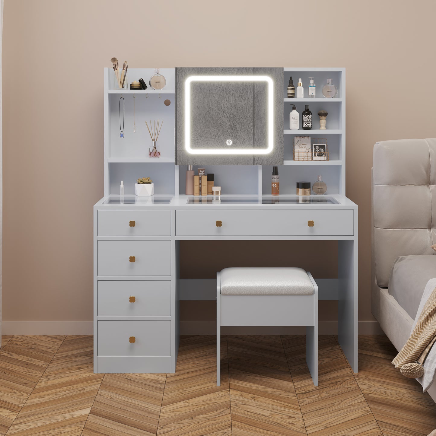 Pitted Particleboard With Triamine Coating, Tempered Glass Table Top, 5 Drawers, With Shelves, With Hooks, With Mirror Cabinet, With Strips, With Led Three-Tone Dimming Mirror, Dressing Table Set