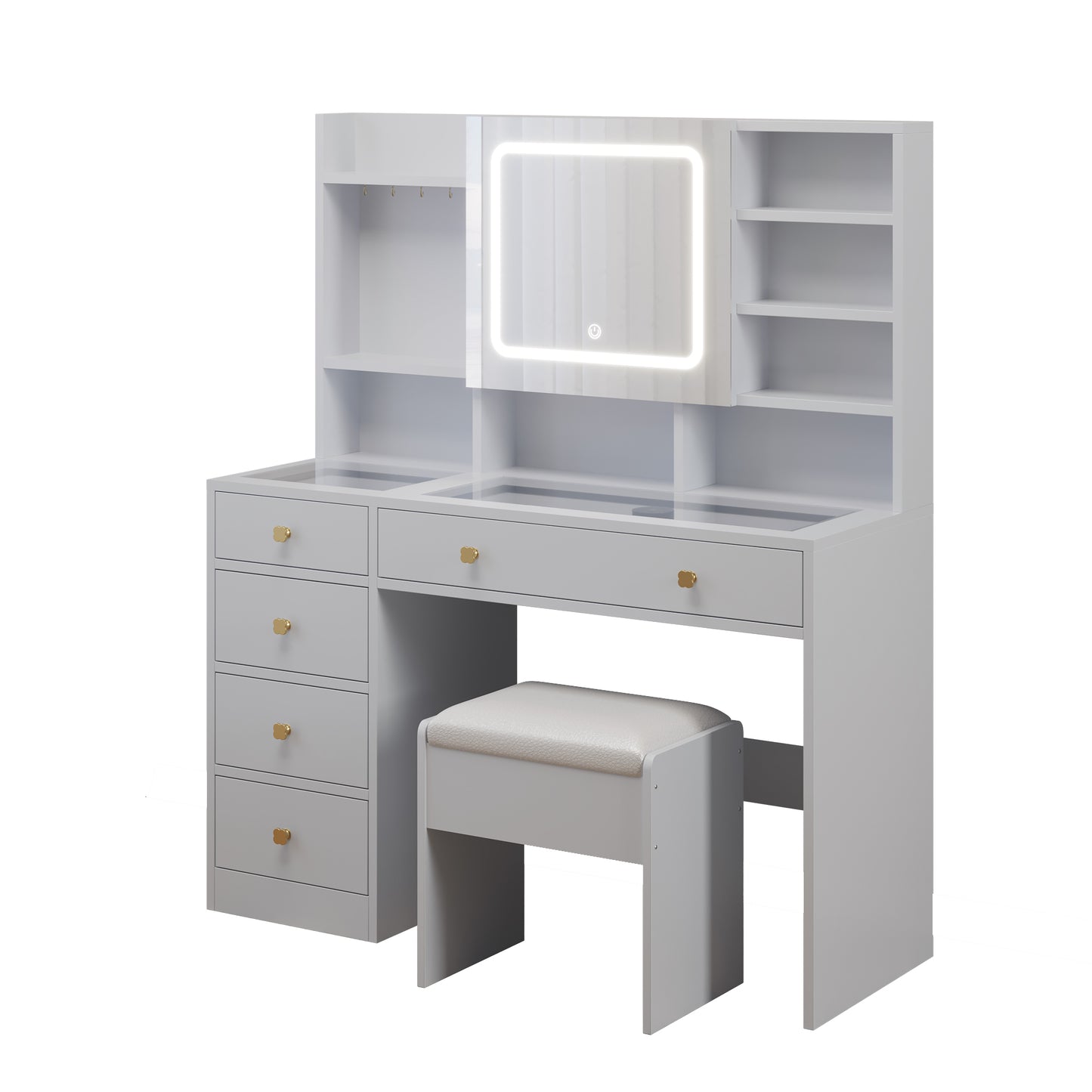 Pitted Particleboard With Triamine Coating, Tempered Glass Table Top, 5 Drawers, With Shelves, With Hooks, With Mirror Cabinet, With Strips, With Led Three-Tone Dimming Mirror, Dressing Table Set