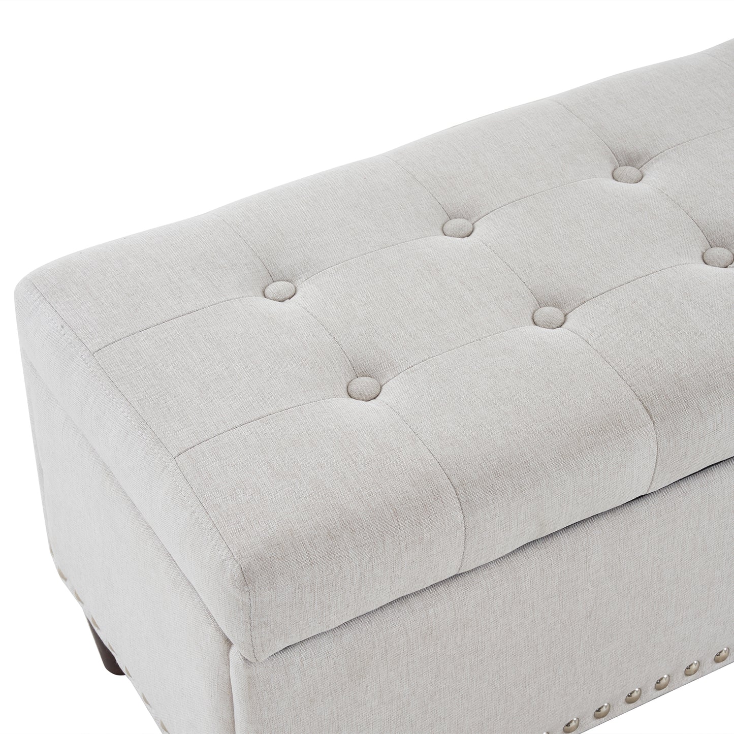 51 Inches 131*41*42cm Linen With Storage Copper Nails Bedside Stool Footstool Off-White