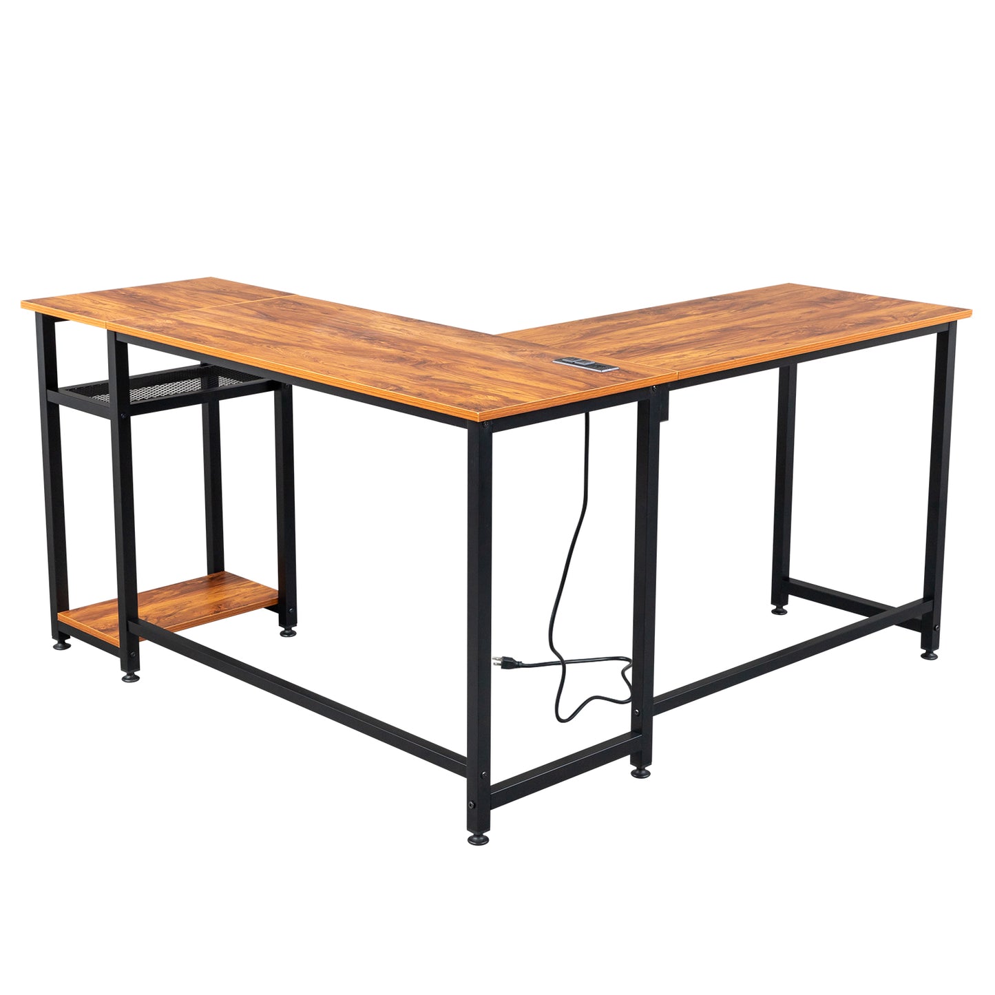 L-Shaped Desktop Computer Desk with Power Outlets & Shelf Tiger wood