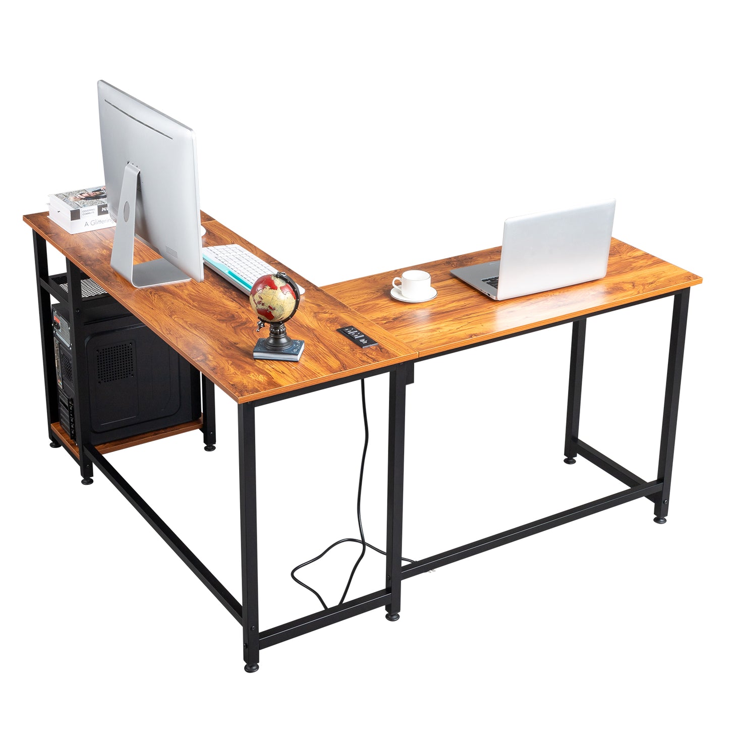 L-Shaped Desktop Computer Desk with Power Outlets & Shelf Tiger wood