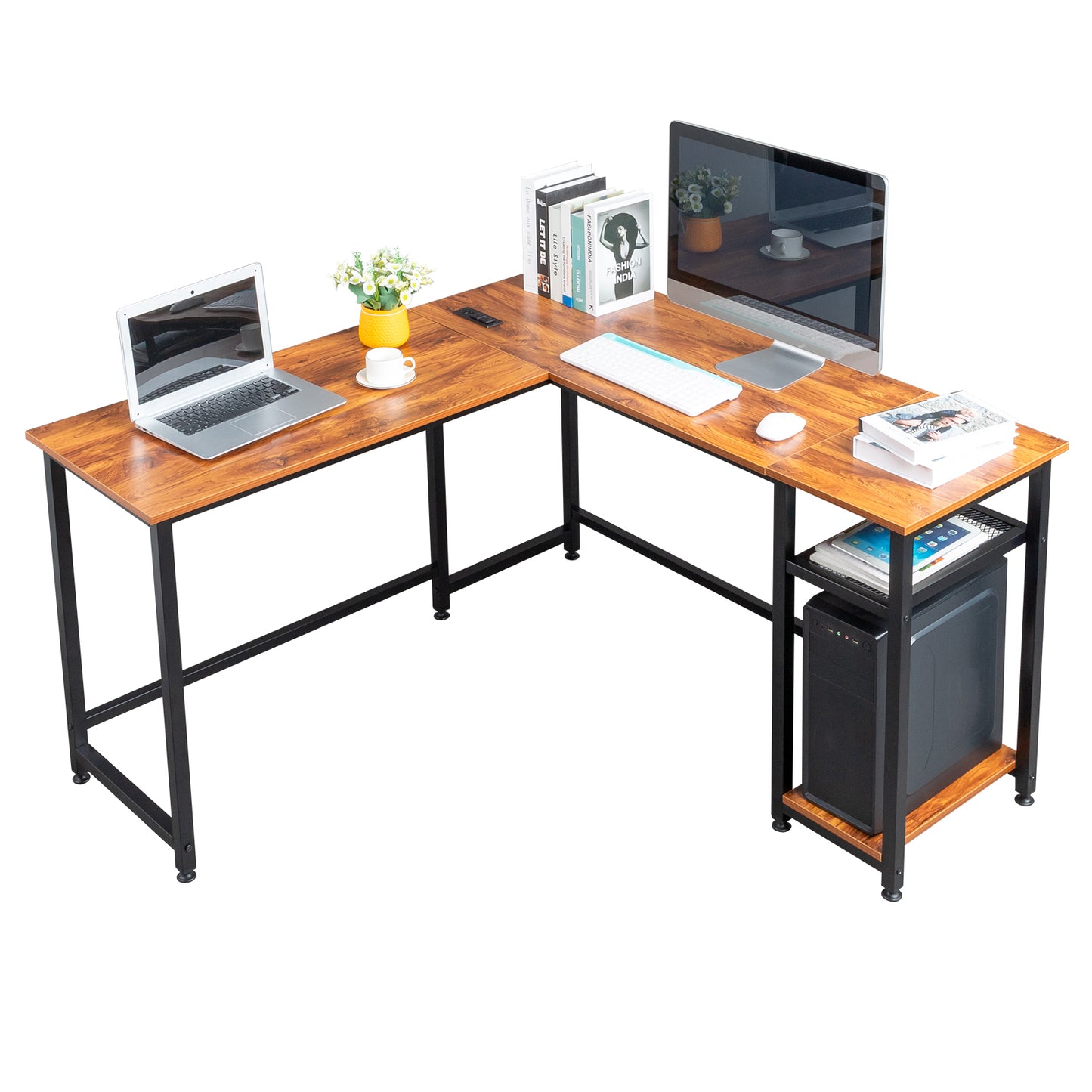 L-Shaped Desktop Computer Desk with Power Outlets & Shelf Tiger wood