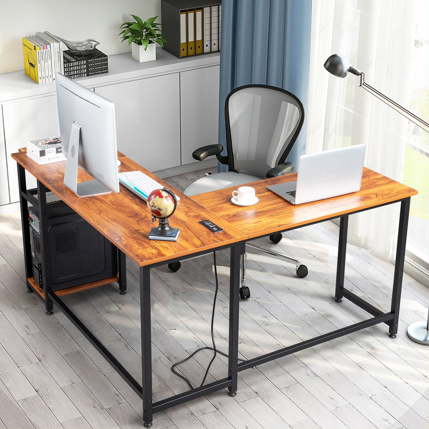 L-Shaped Desktop Computer Desk with Power Outlets & Shelf Tiger wood