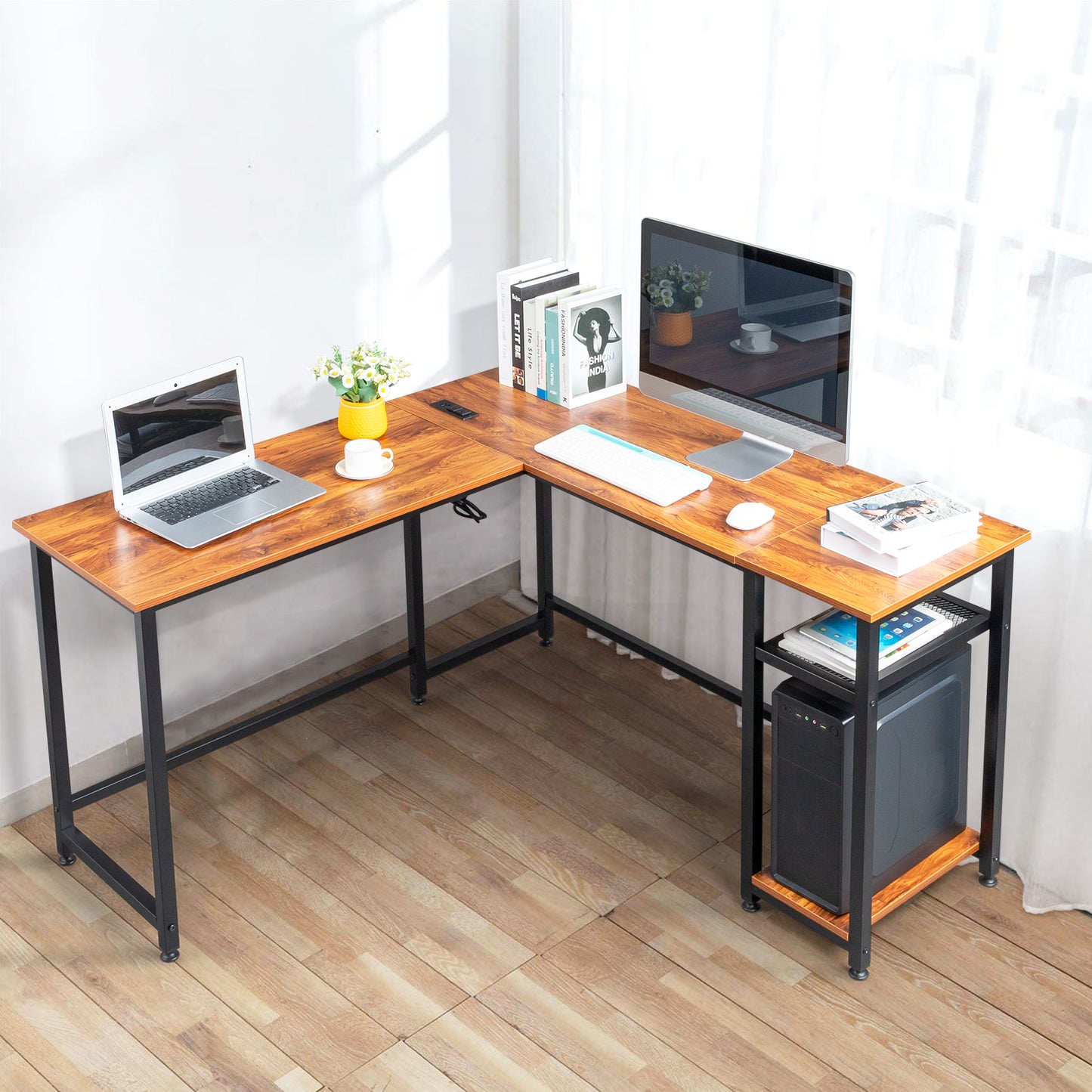 L-Shaped Desktop Computer Desk with Power Outlets & Shelf Tiger wood