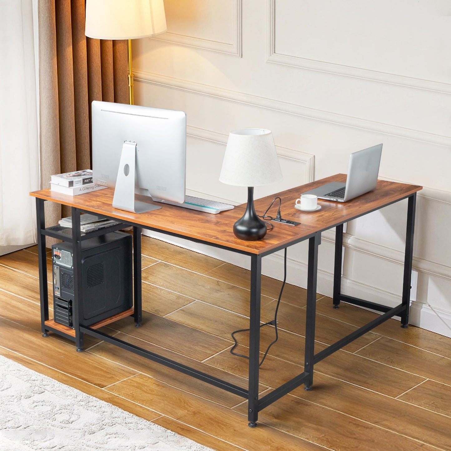 L-Shaped Desktop Computer Desk with Power Outlets & Shelf Tiger wood