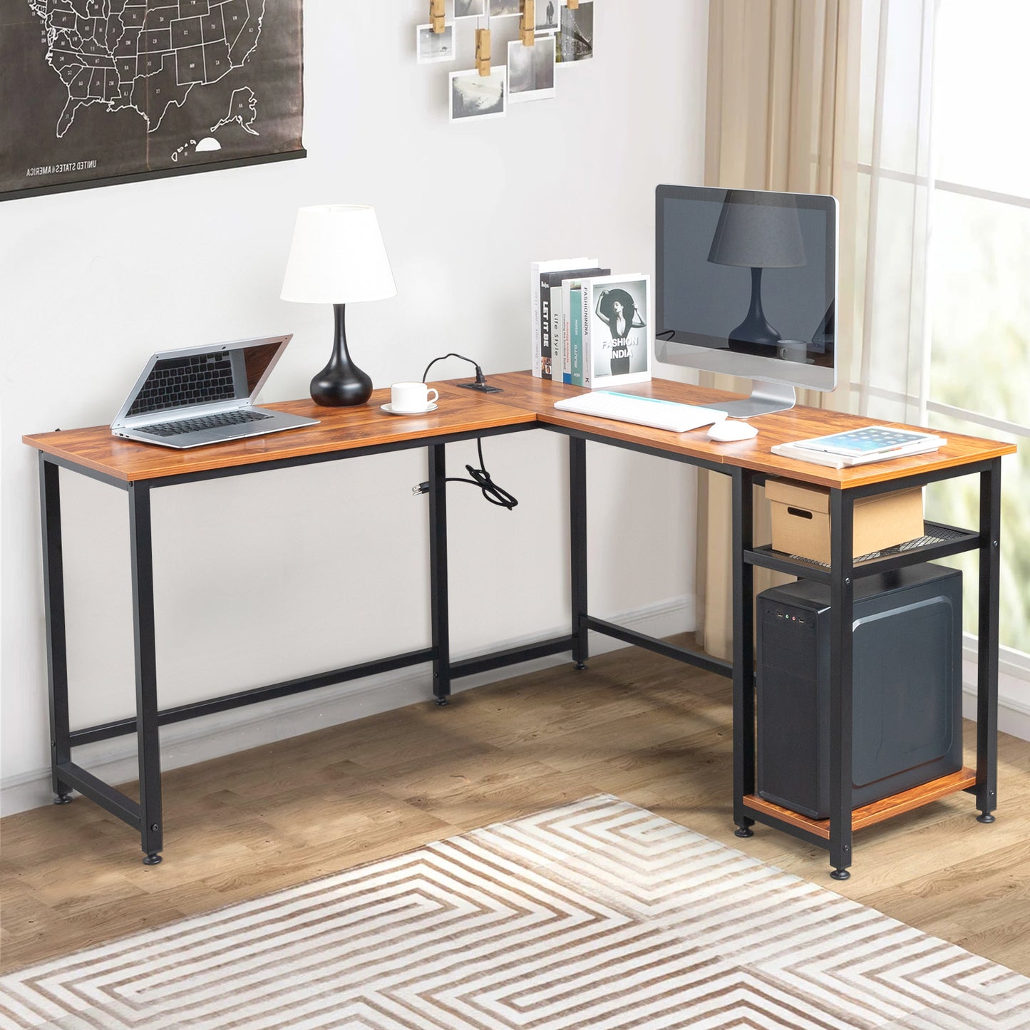 L-Shaped Desktop Computer Desk with Power Outlets & Shelf Tiger wood