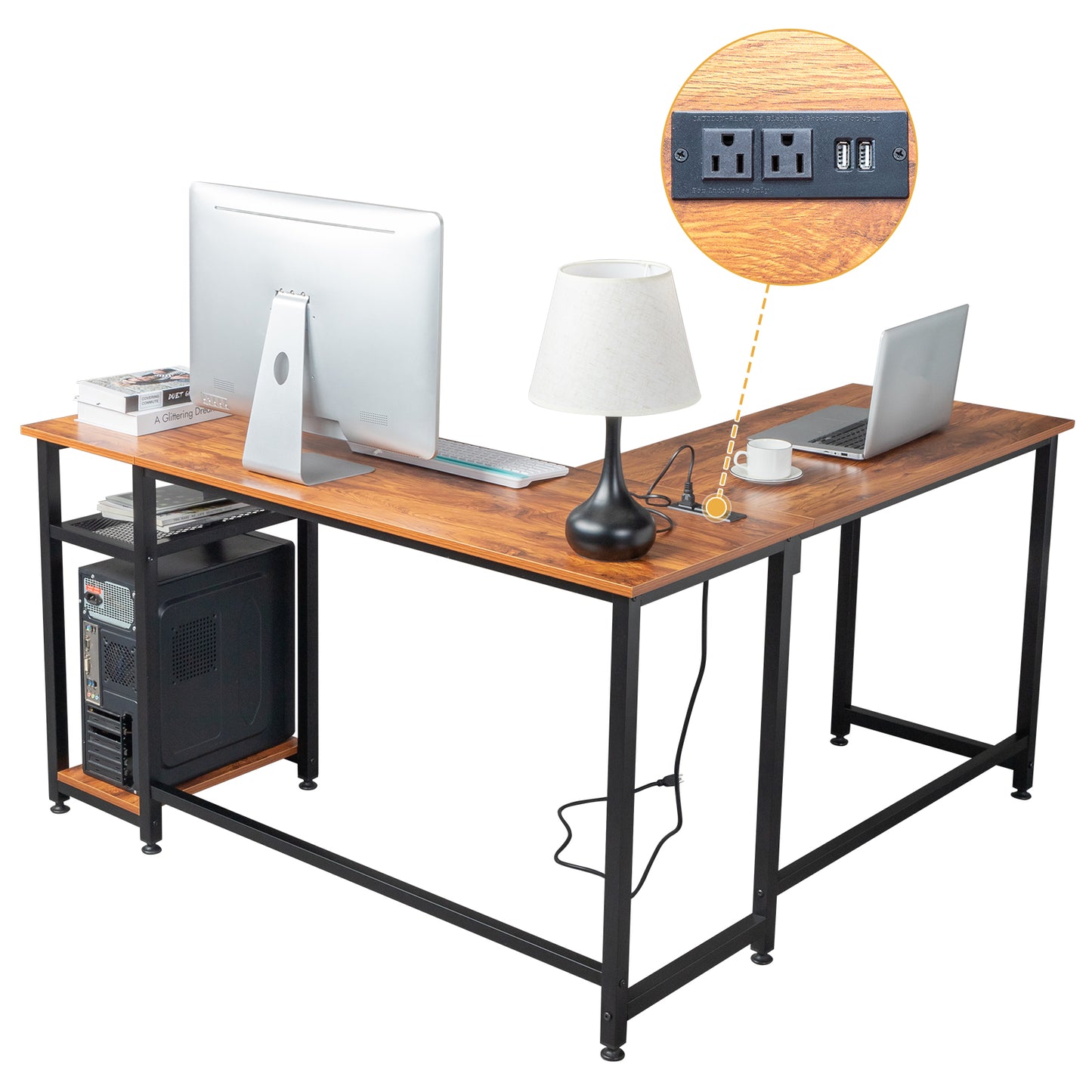 L-Shaped Desktop Computer Desk with Power Outlets & Shelf Tiger wood