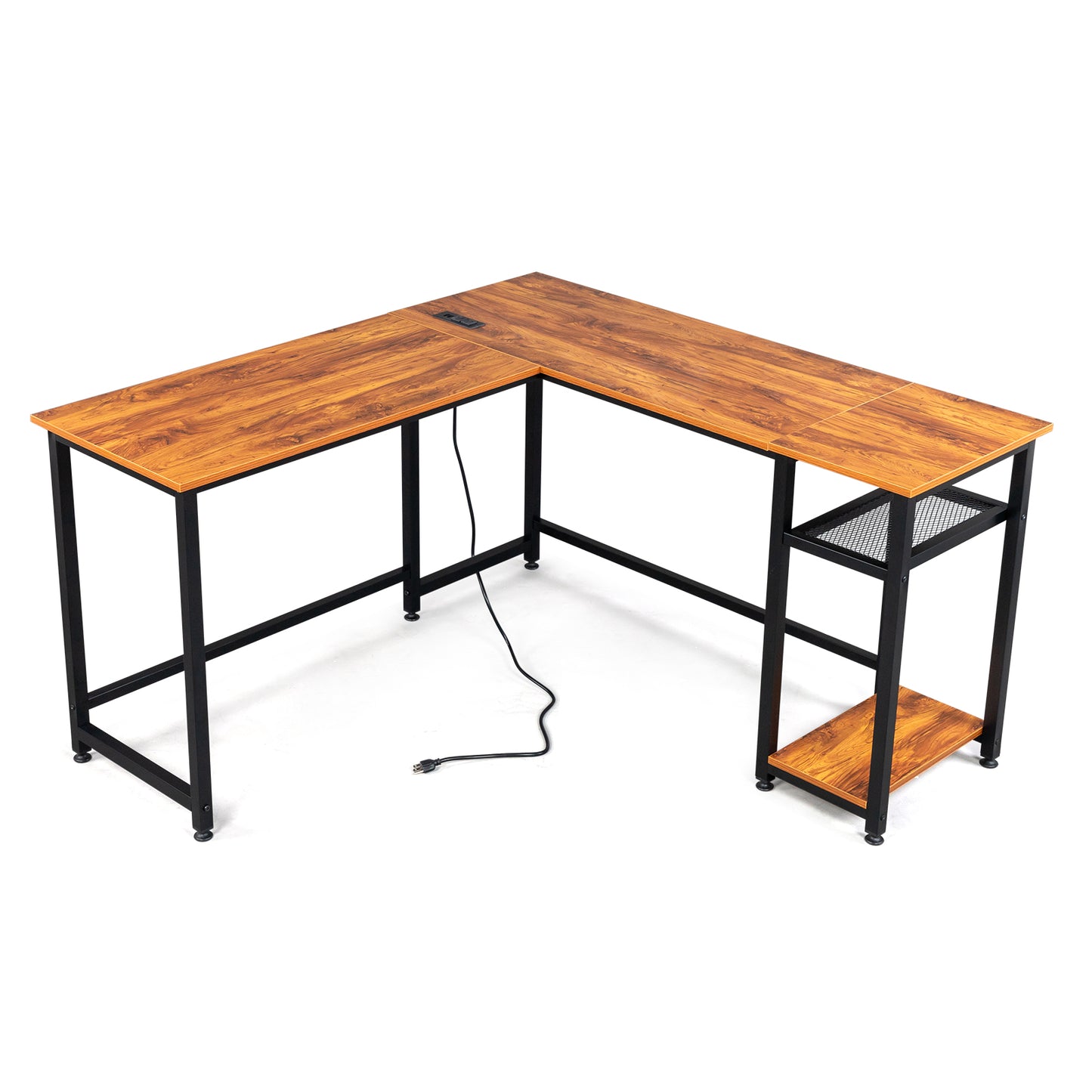 L-Shaped Desktop Computer Desk with Power Outlets & Shelf Tiger wood