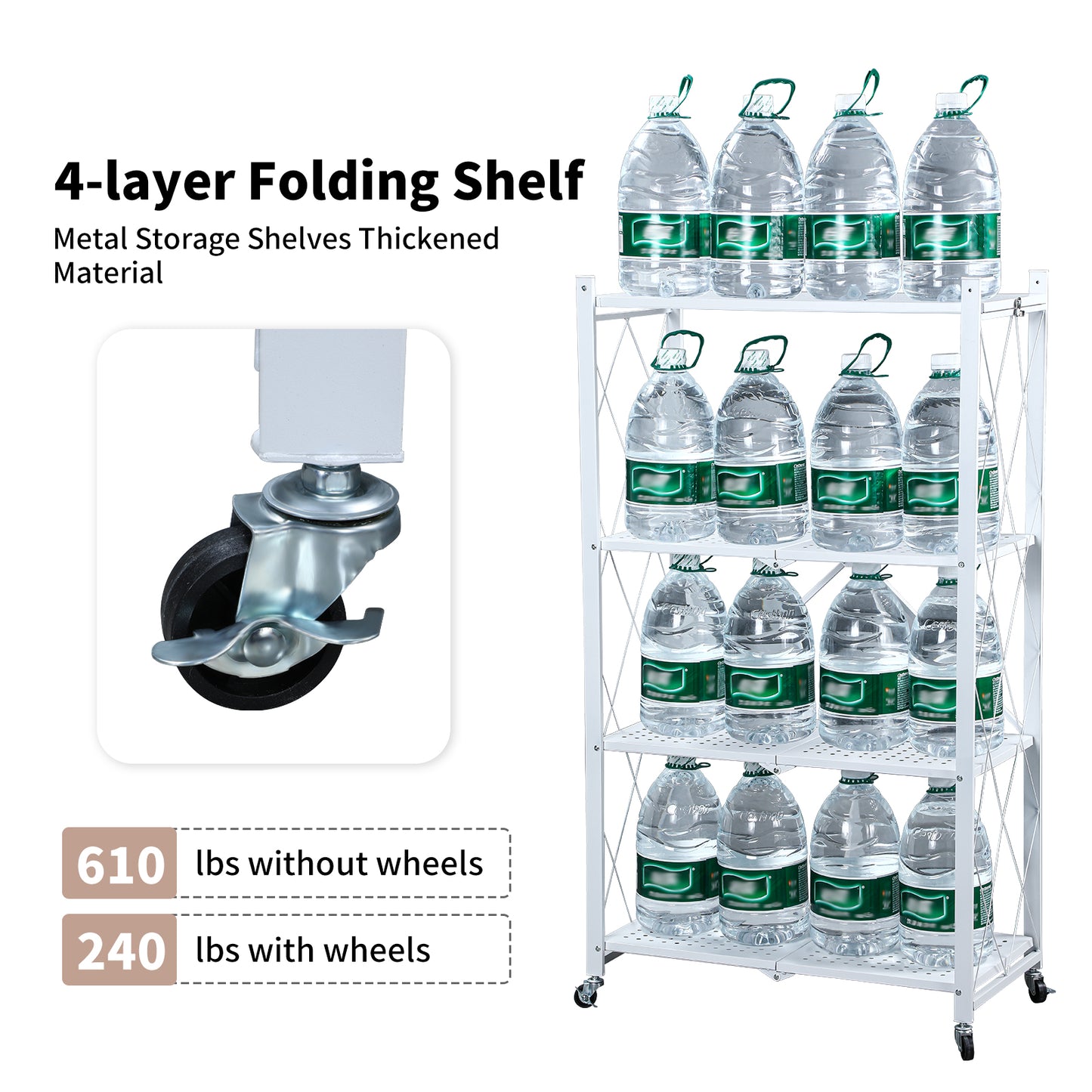 5 Tier White Heavy Duty Foldable Metal Organizer Shelves with Wheels