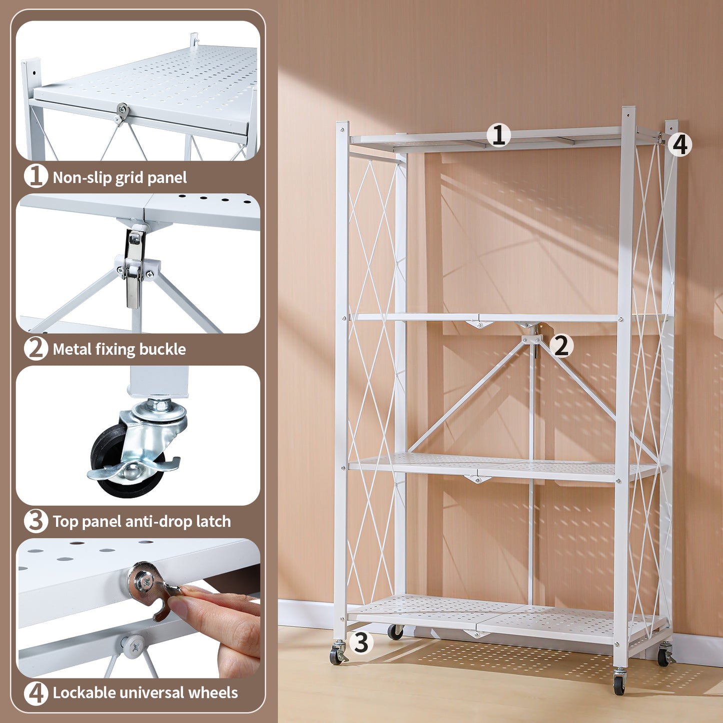 5 Tier White Heavy Duty Foldable Metal Organizer Shelves with Wheels