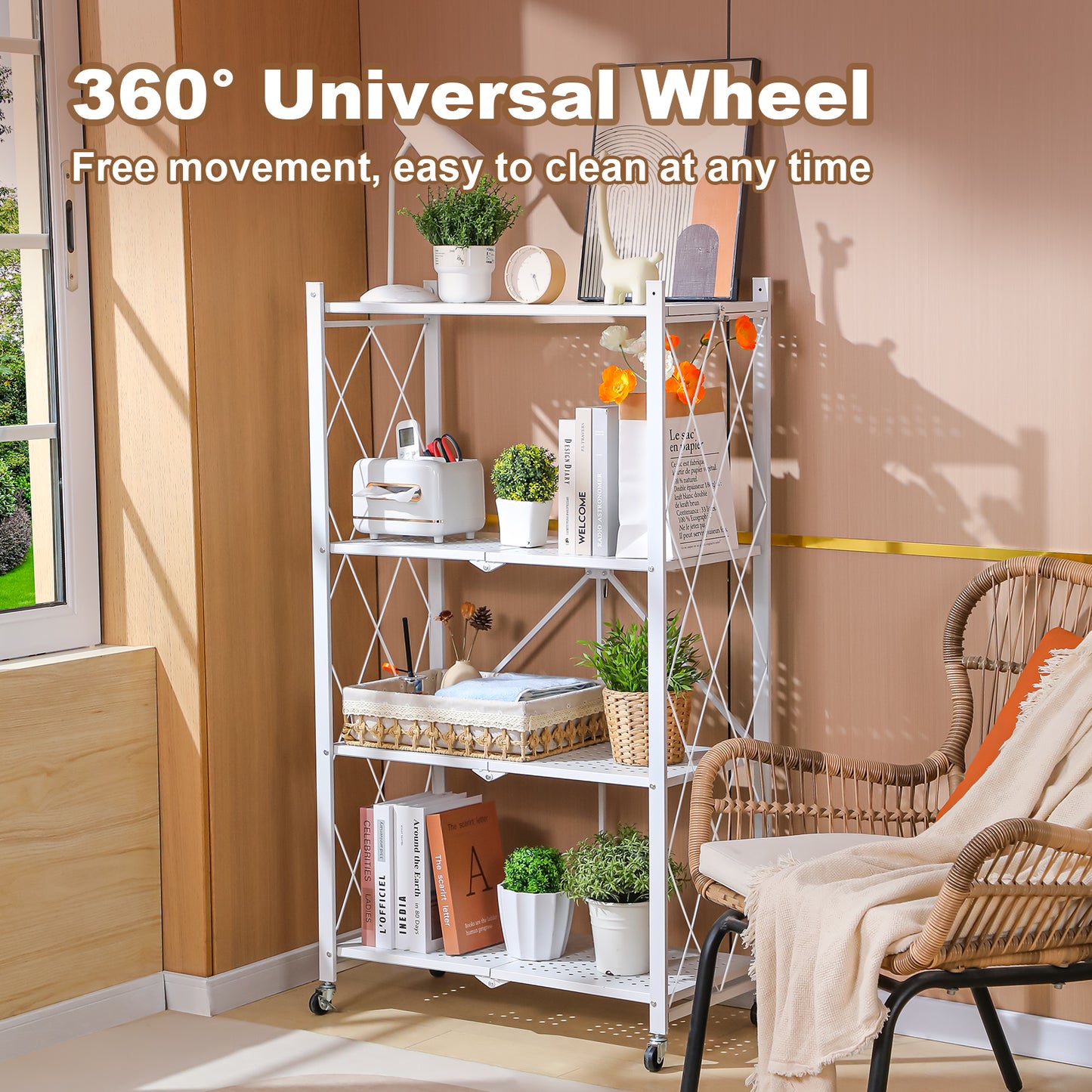 5 Tier White Heavy Duty Foldable Metal Organizer Shelves with Wheels