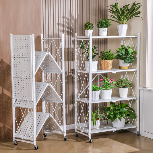 5 Tier White Heavy Duty Foldable Metal Organizer Shelves with Wheels