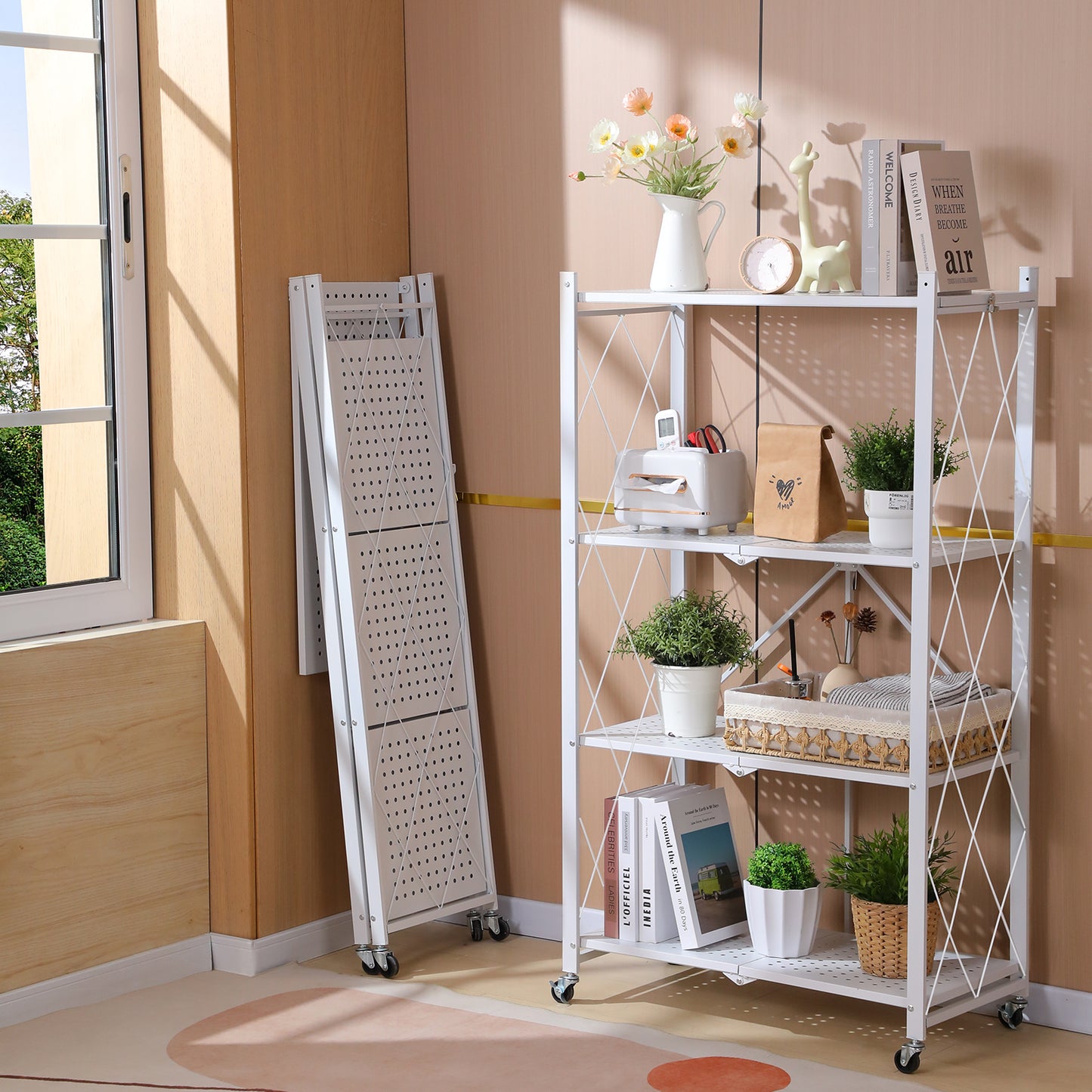 5 Tier White Heavy Duty Foldable Metal Organizer Shelves with Wheels