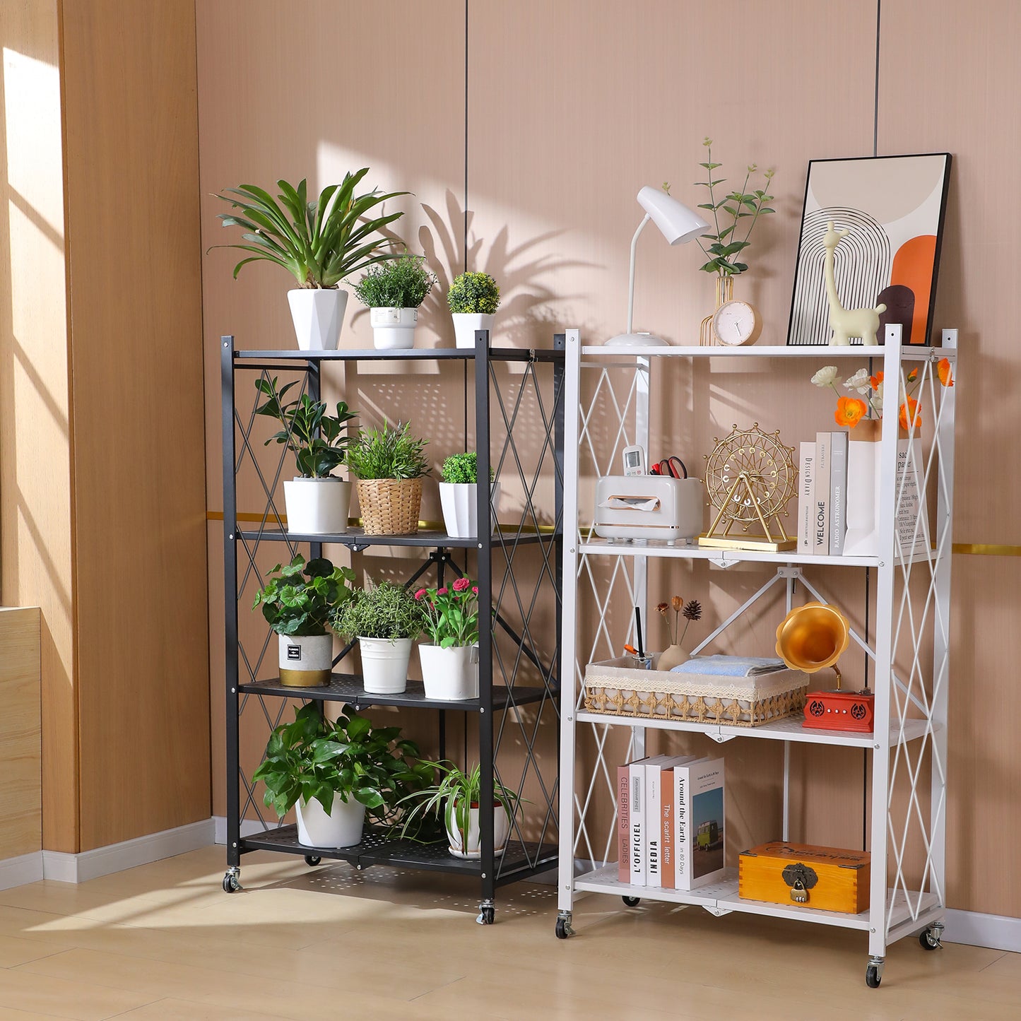 5 Tier White Heavy Duty Foldable Metal Organizer Shelves with Wheels