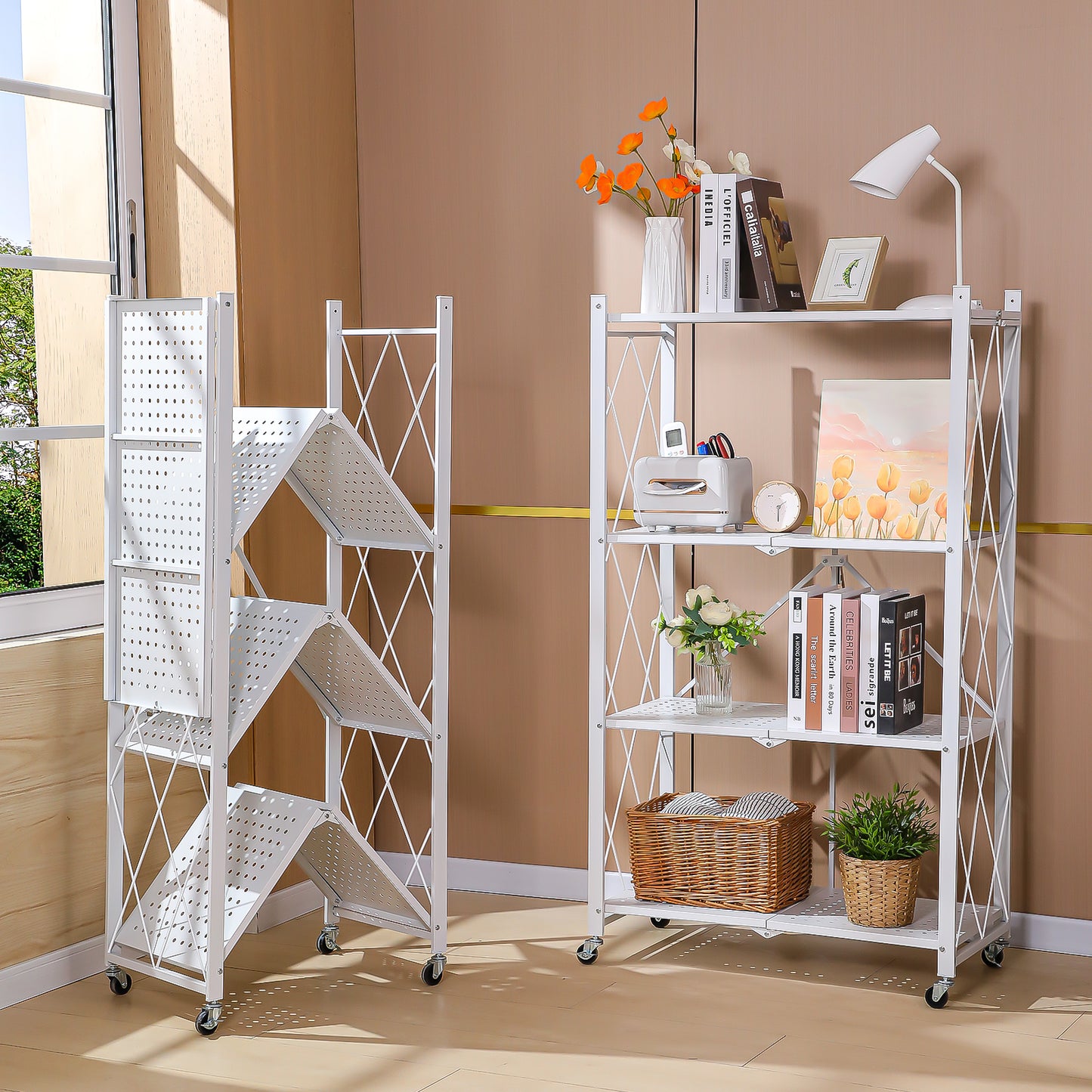 5 Tier White Heavy Duty Foldable Metal Organizer Shelves with Wheels