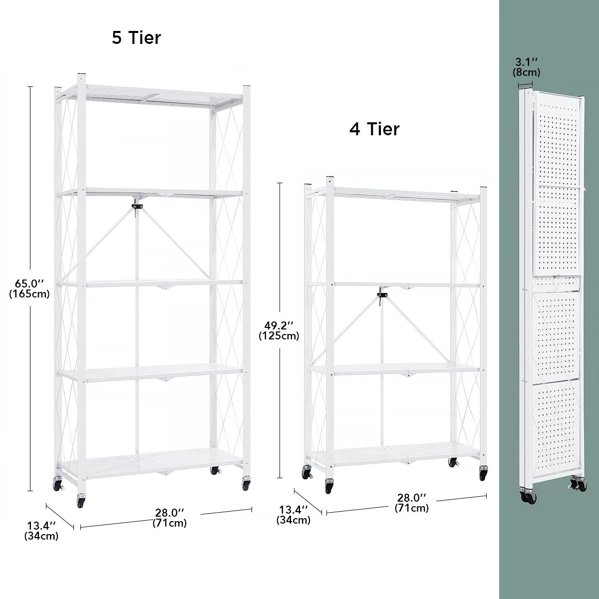 5 Tier White Heavy Duty Foldable Metal Organizer Shelves with Wheels