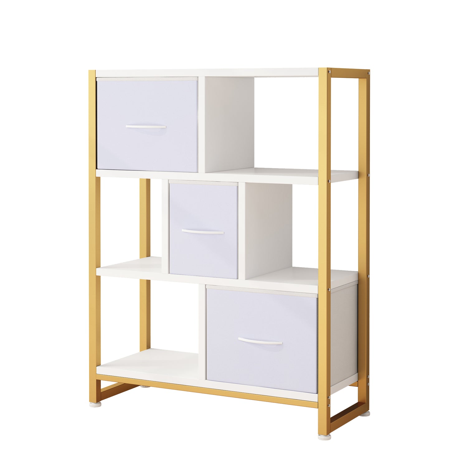 4-layer bookshelf with 3 high legs, particle board, iron frame, non-woven fabric, 80*30*103cm, gold frame, white