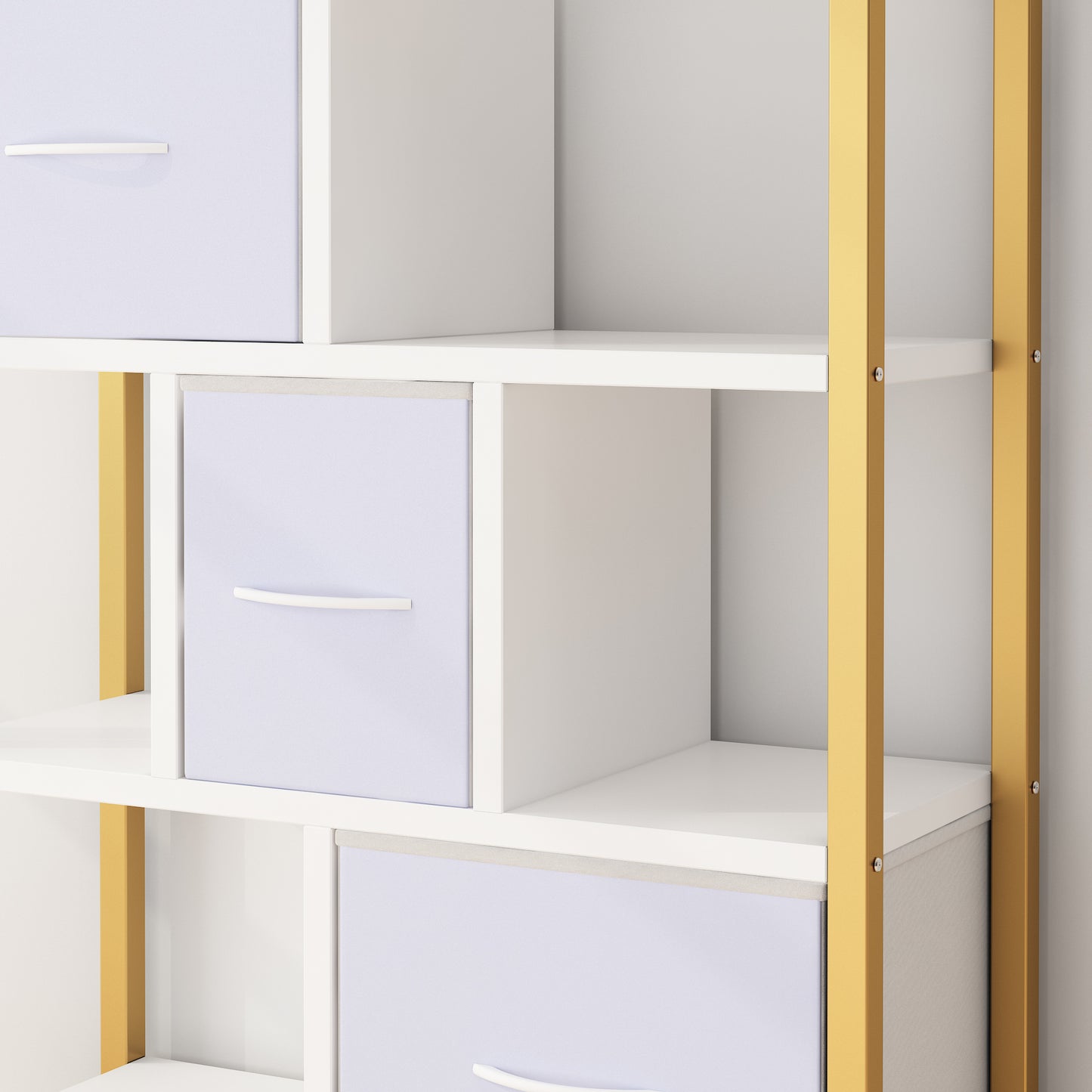 4-layer bookshelf with 3 high legs, particle board, iron frame, non-woven fabric, 80*30*103cm, gold frame, white