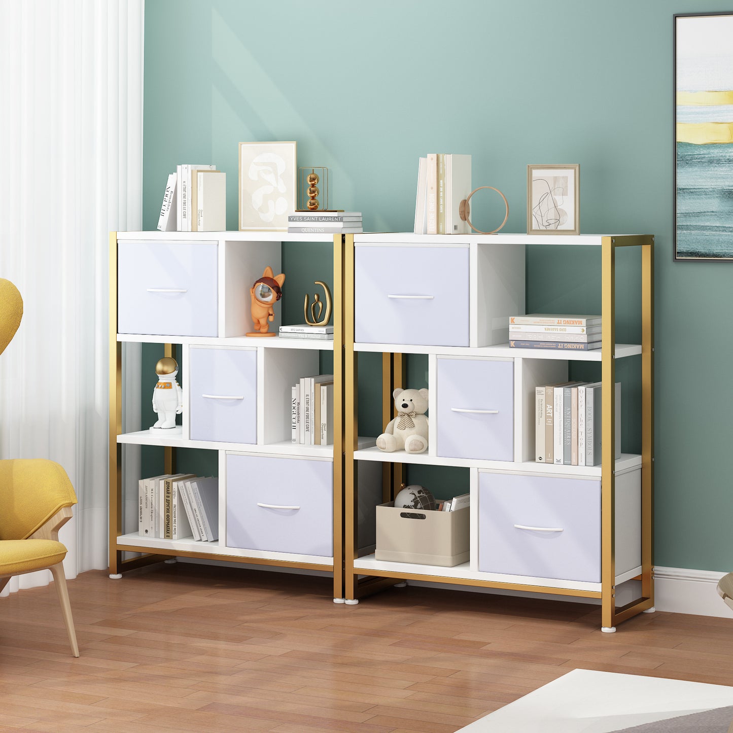 4-layer bookshelf with 3 high legs, particle board, iron frame, non-woven fabric, 80*30*103cm, gold frame, white