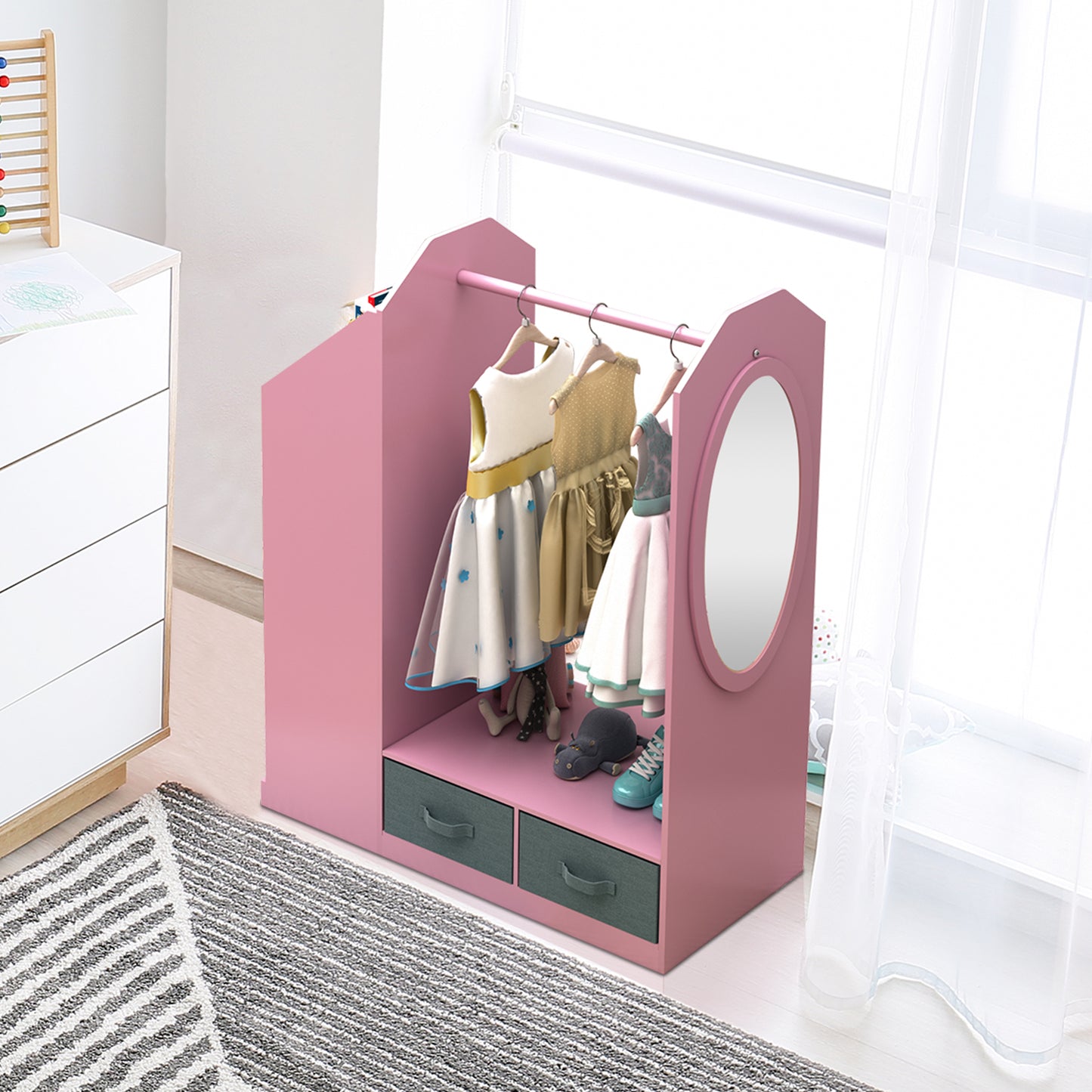 Kids Costume Organizer、 Costume Rack、Kids Armoire、Open Hanging Armoire Closet with Mirror