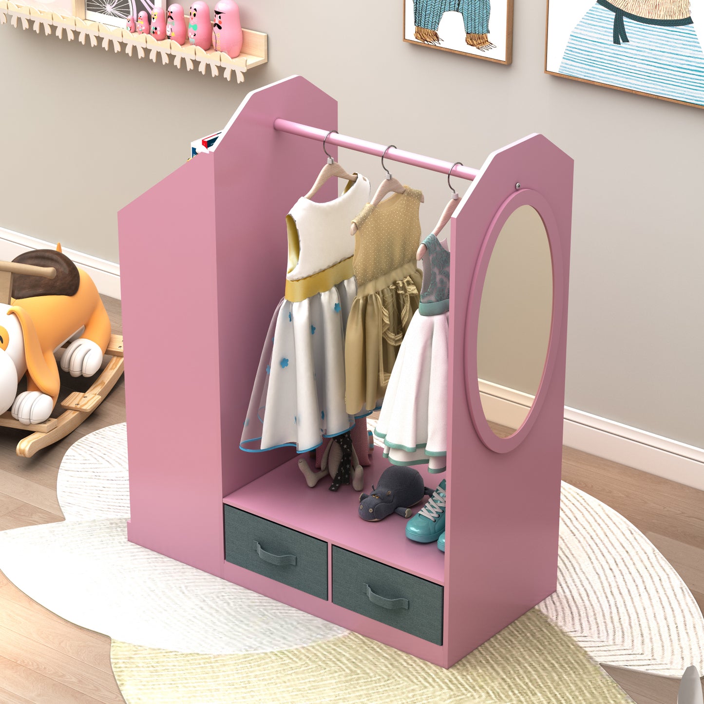 Kids Costume Organizer、 Costume Rack、Kids Armoire、Open Hanging Armoire Closet with Mirror