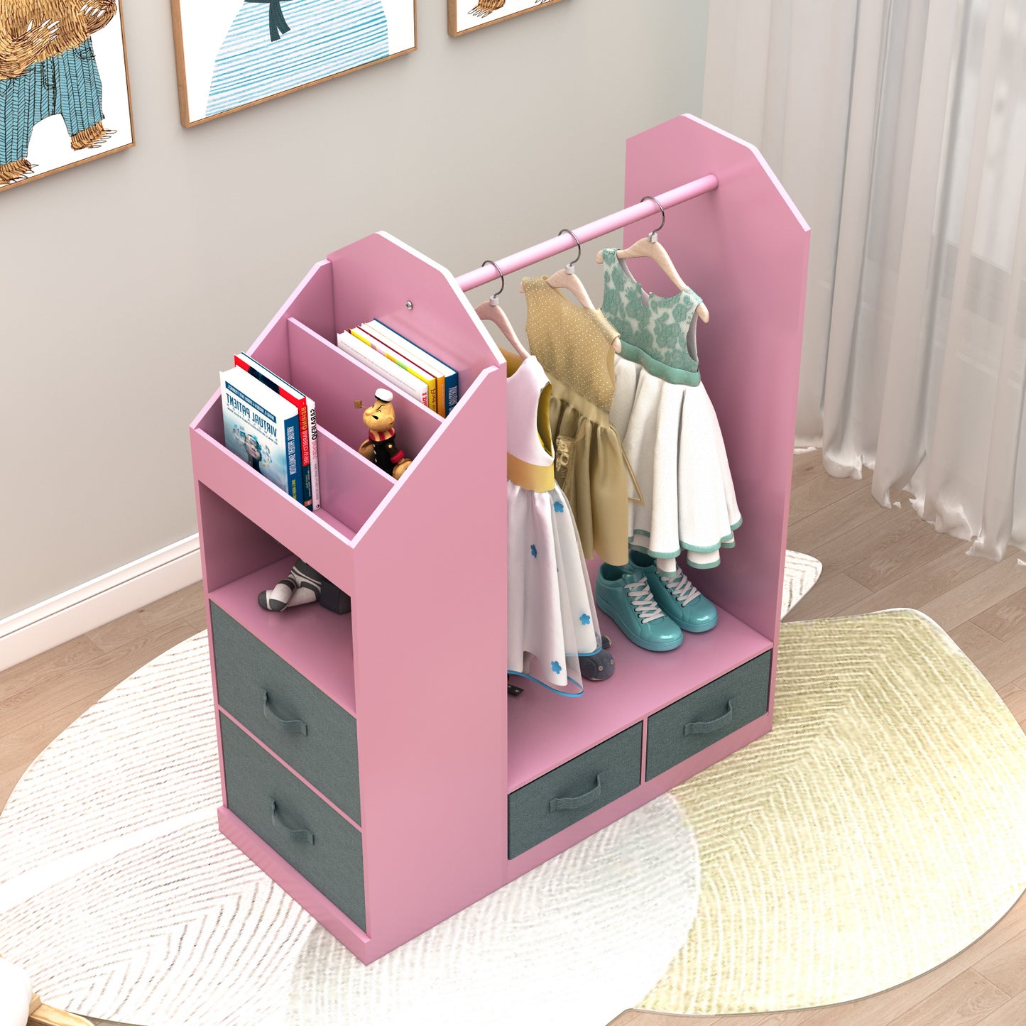 Kids Costume Organizer、 Costume Rack、Kids Armoire、Open Hanging Armoire Closet with Mirror