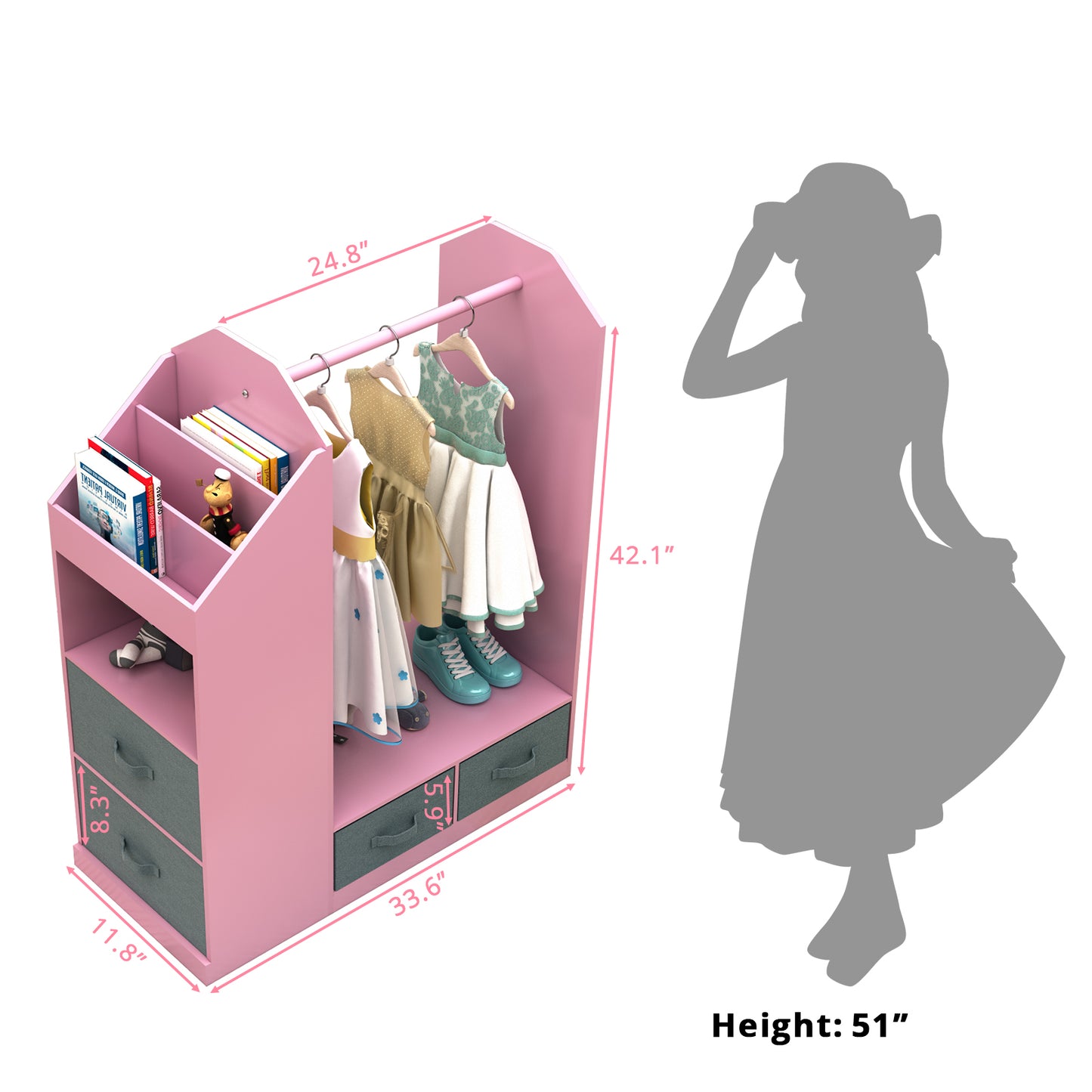 Kids Costume Organizer、 Costume Rack、Kids Armoire、Open Hanging Armoire Closet with Mirror